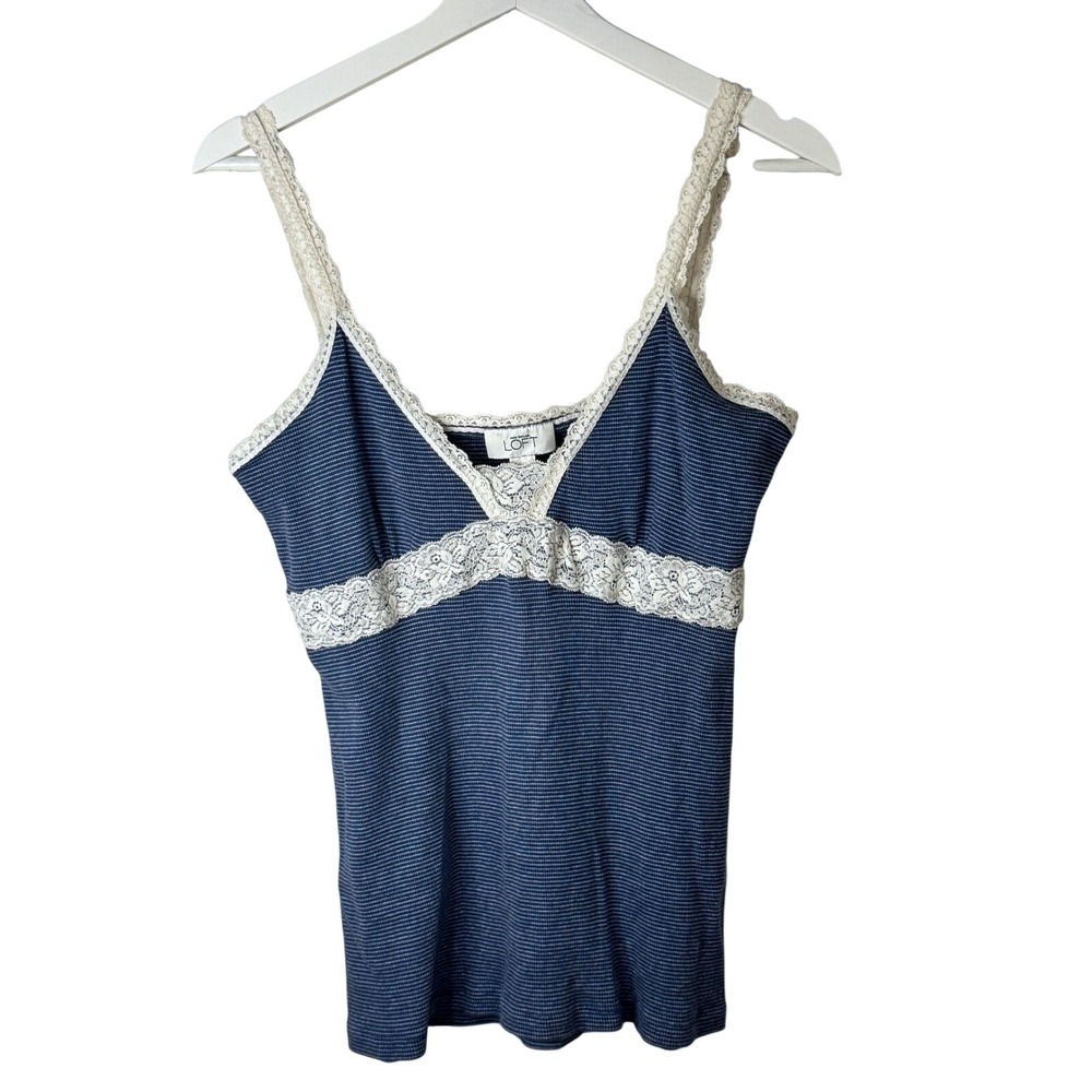 Ann Taylor Loft Cami Tank Top Lace Trim L Blue Women Y2K Coquette Striped Cotton